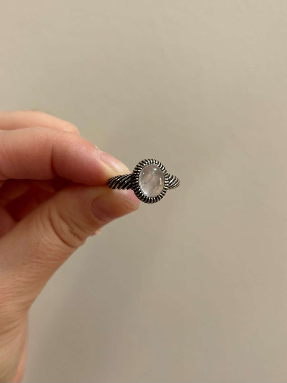 Silver Tone Ornate Oval Ring with Smokey Grey Stone
